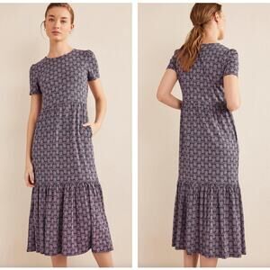 BODEN Tiered Easy Jersey Midi Dress French Navy Paisley Heart Sz 16/18L {LL14}